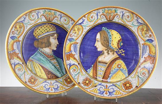 A pair of Deruta maiolica portrait chargers, 20th century, 42.5cm